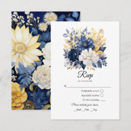 Cartão RSVP Casamento Floral Azul Marinho, Branco e Dourado