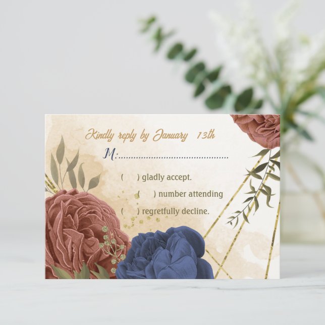 Cartão RSVP casamento floral azul-marinho de terracotta (Em pé/Frente)