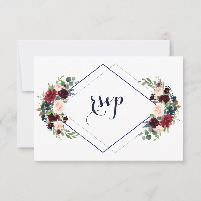 Cartão RSVP Casamento Floral Azul Marinho Geométrico Moderno (Frente)
