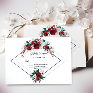 Cartão RSVP Casamento Floral Azul Marinho Geométrico Moderno
