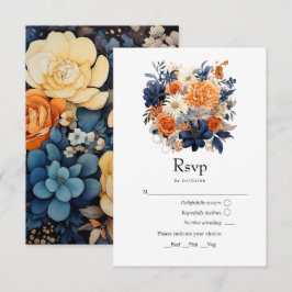 Cartão RSVP Casamento Floral Azul Marinho, Laranja Queimada e 
