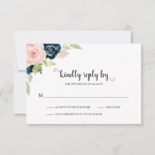Cartão RSVP Casamento Floral Azul-Marinho-Rosa-Esmagador Elega