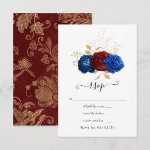 Cartão RSVP Casamento Floral Azul Marinho, Vermelho e Dourado
