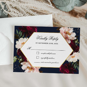 Cartão RSVP Casamento Floral Azul Naval Peônias Bege Borgonha 