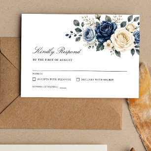 Cartão RSVP Casamento Floral Azul Navy e Rosa Marfim