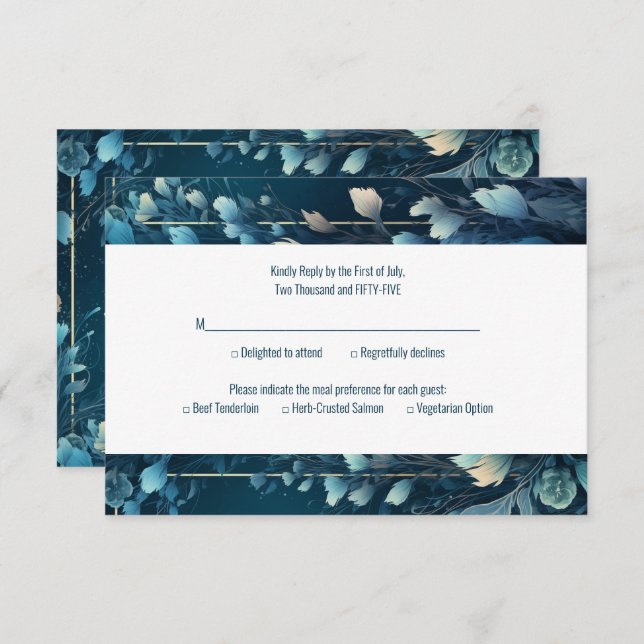 Cartão RSVP Casamento Floral Azul-Negro e Aquamarino (Frente/Verso)