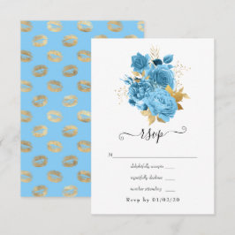 Cartão RSVP Casamento Floral Azul Pastel e Dourado
