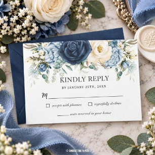 Cartão RSVP Casamento Floral Azul Poeira Boho Marinho Marfim S