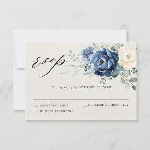 Cartão RSVP Casamento Floral Azul Poeira Champanhe Marfim RSV