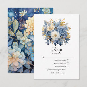 Cartão RSVP Casamento Floral Azul Poeira e Dourado