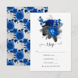 Cartão RSVP Casamento Floral Azul Real, Preto e Prata