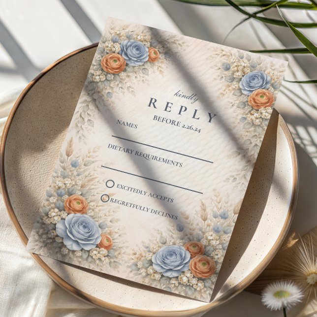 Cartão RSVP Casamento Floral Azul Romântico (Criador carregado)