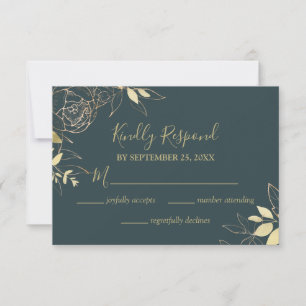 Cartão RSVP Casamento Floral Azul-Teal Escuro e Dourado de Peo