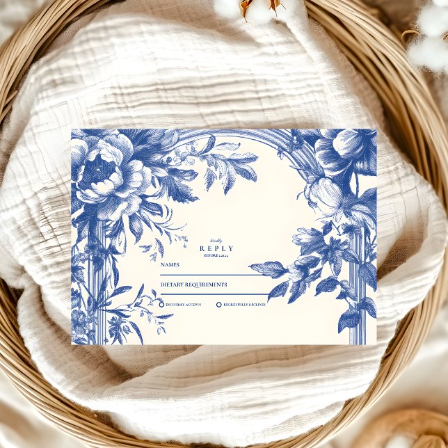 Cartão RSVP Casamento Floral Azul vitoriano francês (Criador carregado)