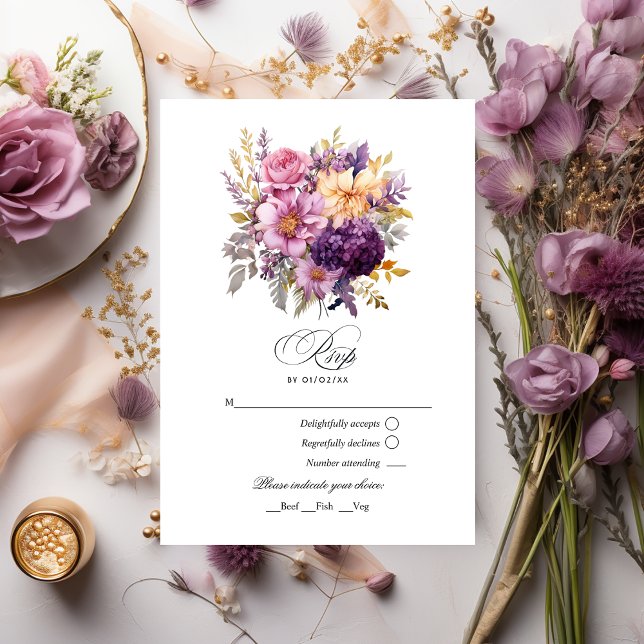 Cartão RSVP Casamento Floral Bege e Dourado (Criador carregado)