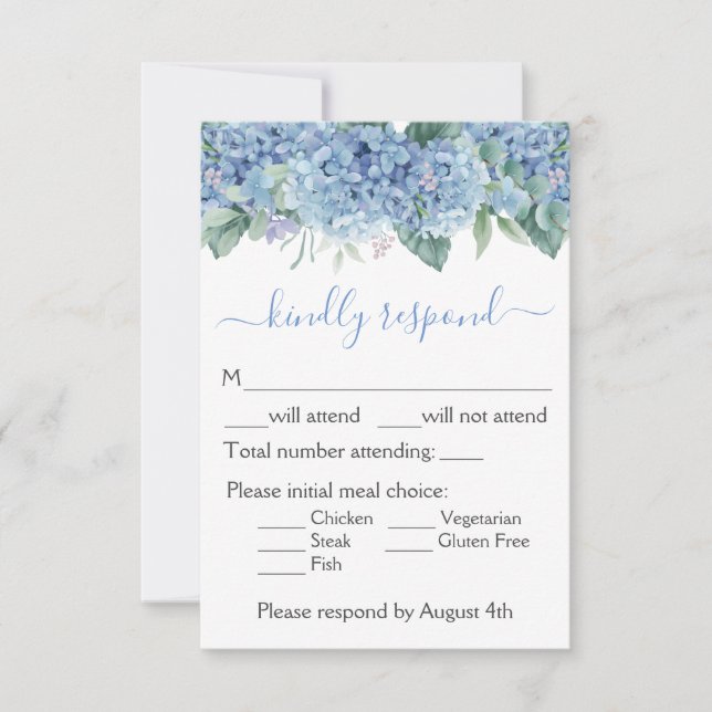 Cartão RSVP Casamento Floral Blue Hydrangeas Watercolor (Frente)