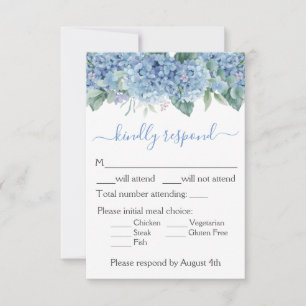 Cartão RSVP Casamento Floral Blue Hydrangeas Watercolor
