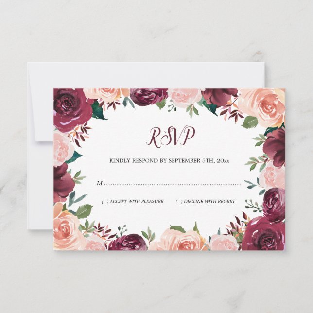 Cartão RSVP Casamento Floral Blush Burgundy Rosa Border (Frente)