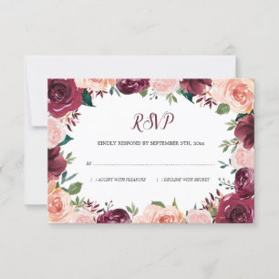 Cartão RSVP Casamento Floral Blush Burgundy Rosa Border