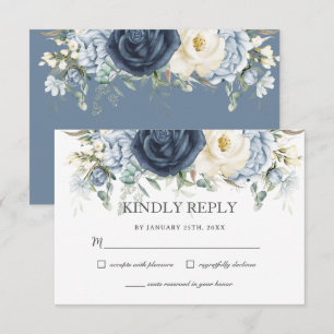 Cartão RSVP Casamento Floral Boho Azul Po dusty Navy Marfim Sa