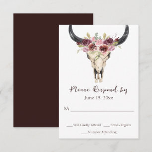 Cartão RSVP Casamento Floral Boho Caveira de Vaca Burgundy e B