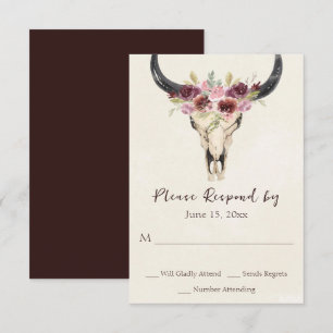 Cartão RSVP Casamento Floral Boho Crânio de Vaca Burgundy e Cr