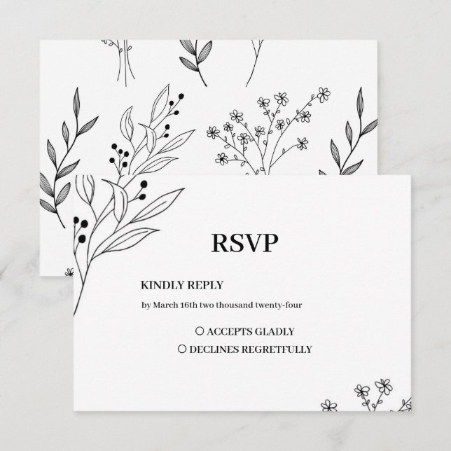 Cartão RSVP Casamento Floral Boho de Canto Negro e Branco (Frente/Verso)