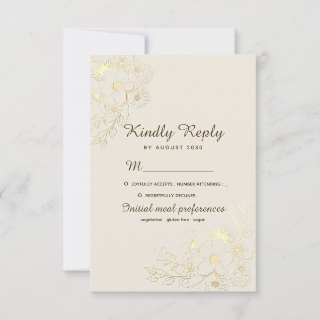 Cartão RSVP Casamento Floral Boho Dourado (Frente)