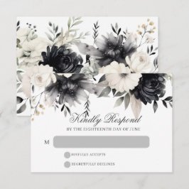 Cartão RSVP Casamento Floral Boho Escuro Preto e Creme
