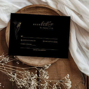 Cartão RSVP Casamento Floral Boho Preto e Dourado Moderno