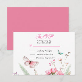 Cartão RSVP Casamento Floral Borboleta Rosa Primavera