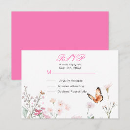 Cartão RSVP Casamento Floral Borboleta Rosa Profundo Primavera