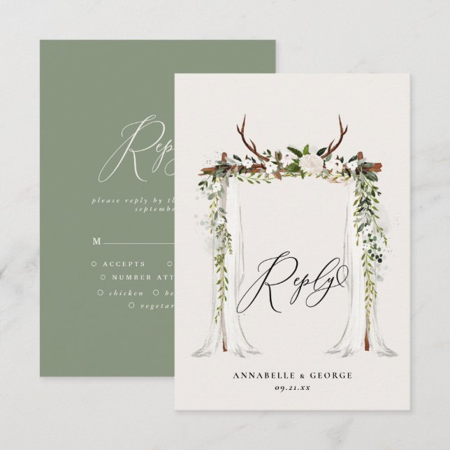 Cartão RSVP Casamento floral branco aguarela veado rústico RSV (Frente/Verso)