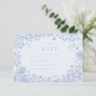 Cartão RSVP Casamento Floral Branco Azul Francês Clássico