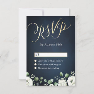 Cartão RSVP Casamento floral branco azul-marinho de guião-our