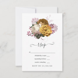 Cartão RSVP Casamento Floral Branco, Borgonha e Dourado