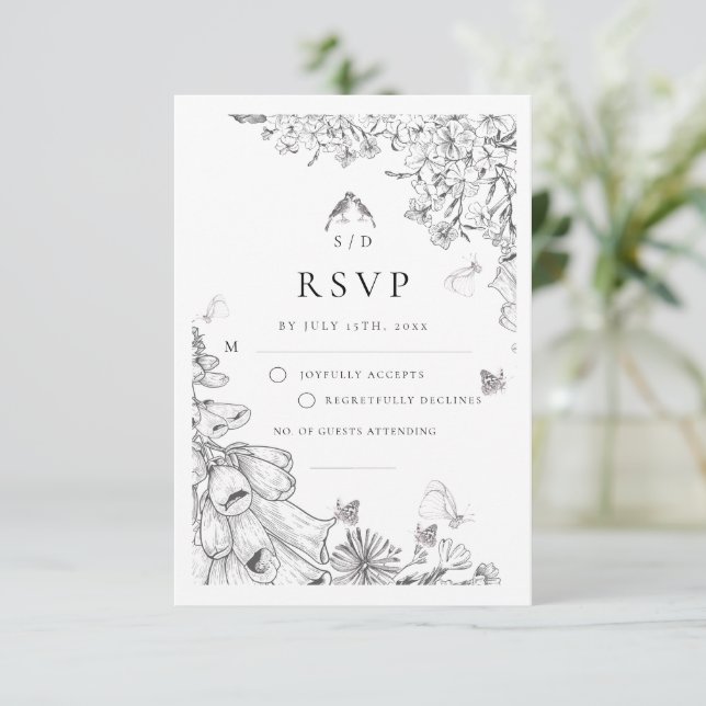 Cartão RSVP Casamento Floral Branco Clássico (Em pé/Frente)