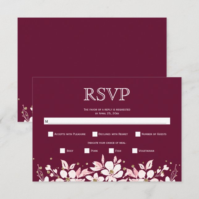 Cartão RSVP Casamento floral branco com garland e joias burgun (Frente/Verso)