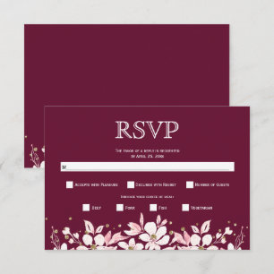 Cartão RSVP Casamento floral branco com garland e joias burgun
