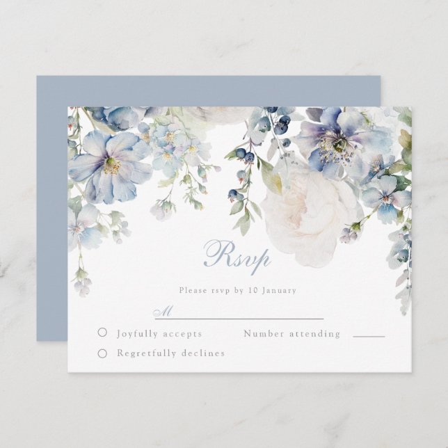 Cartão RSVP Casamento Floral Branco e Azul de Elegance (Frente/Verso)