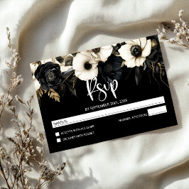Cartão RSVP Casamento Floral Branco e Negro Moderno