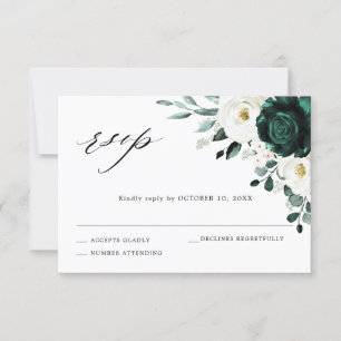Cartão RSVP Casamento Floral Branco Eucalyptus Emerald Greener