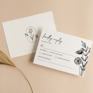 Cartão RSVP Casamento Floral Branco Negro Minimalista Moderno
