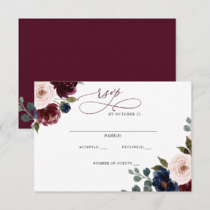 Cartão RSVP Casamento Floral Burgundy Blush Navy Greenery