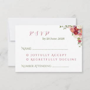 Cartão RSVP Casamento Floral Burgundy e Crimson Blush Elegante