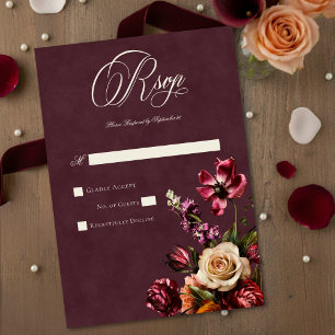 Cartão RSVP Casamento Floral Burgundy Outono Elegante Escuro