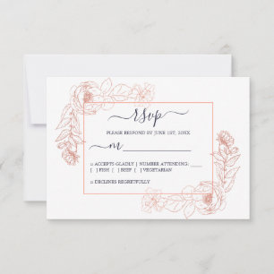 Cartão RSVP Casamento Floral Chic Azul Escuro Dourado Rosa Con