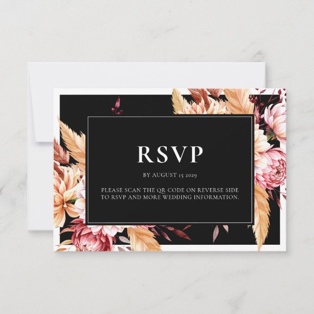 Cartão RSVP Casamento Floral Chic Boho Negro Elegante (Frente)
