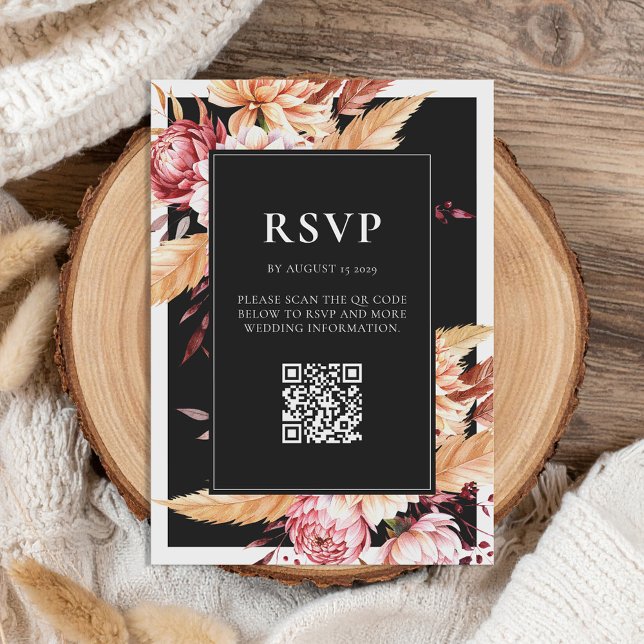 Cartão RSVP Casamento Floral Chic Boho Negro Elegante (Criador carregado)
