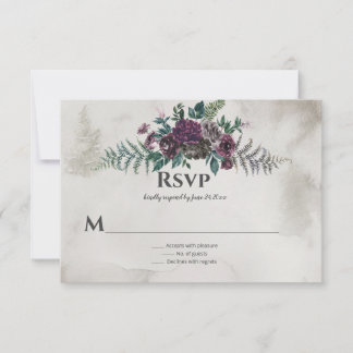 Cartão RSVP Casamento Floral Cinza Borgonha Rústico ao Ar Livr